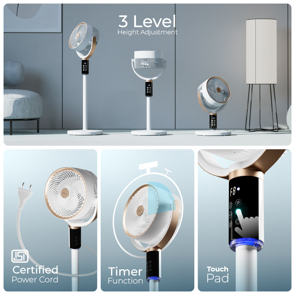 Adjustable height standing fan, pedestal and desk fan with remote control, versatile high speed fan for floor and table