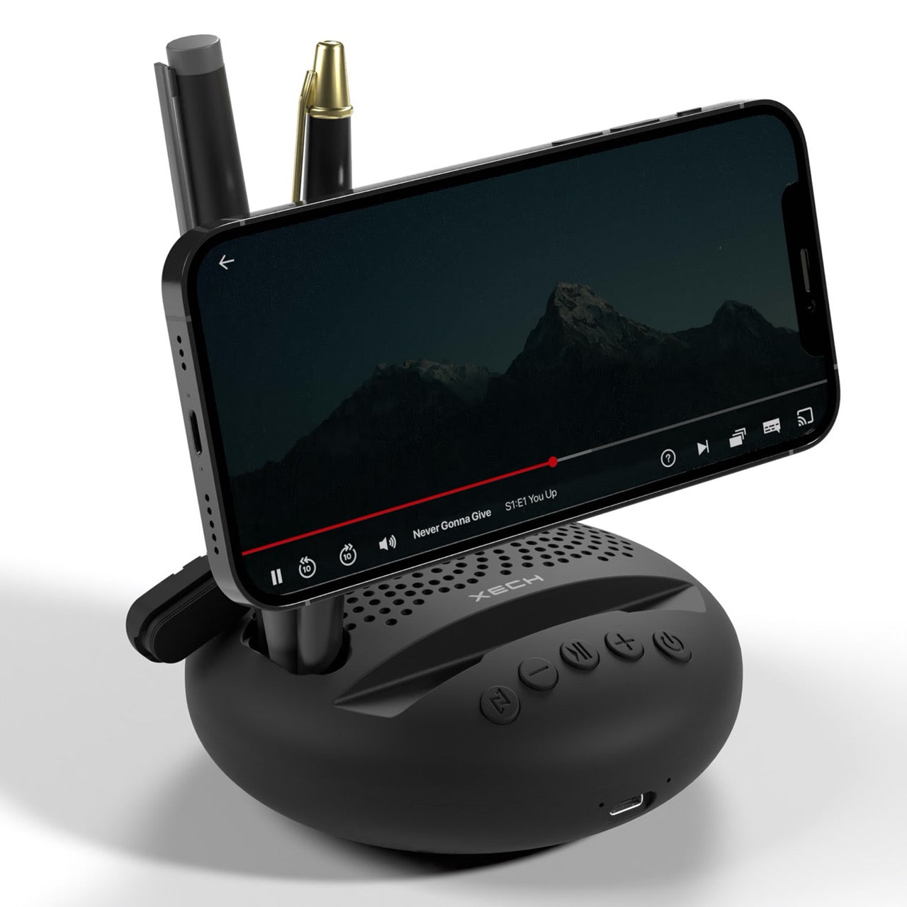 Front image for xech bluetooth speaker arc that has a smartphone holder and pen stand slot