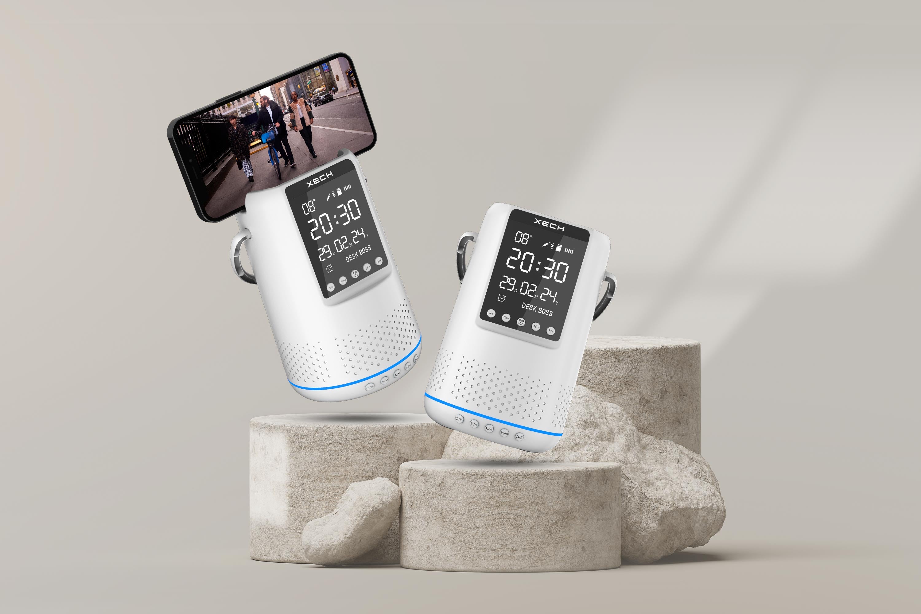 Load video: XECH Desk Boss Bluetooth Speaker with Phone Holder Alarm Clock Pen Stand Phone Holder &amp; RGB Lights Multifunctional Wireless Speakers