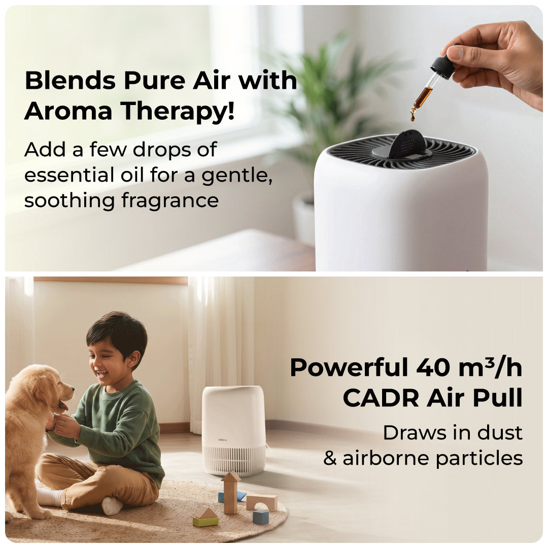 XECH Atmos air purifier with aroma function and 40 m3/h CADR shown in a child's room with a dog