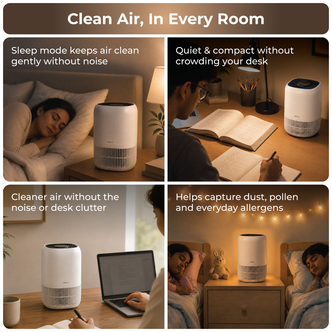 XECH Atmos air purifier used beside a bed, study desk, office desk and in a children's room