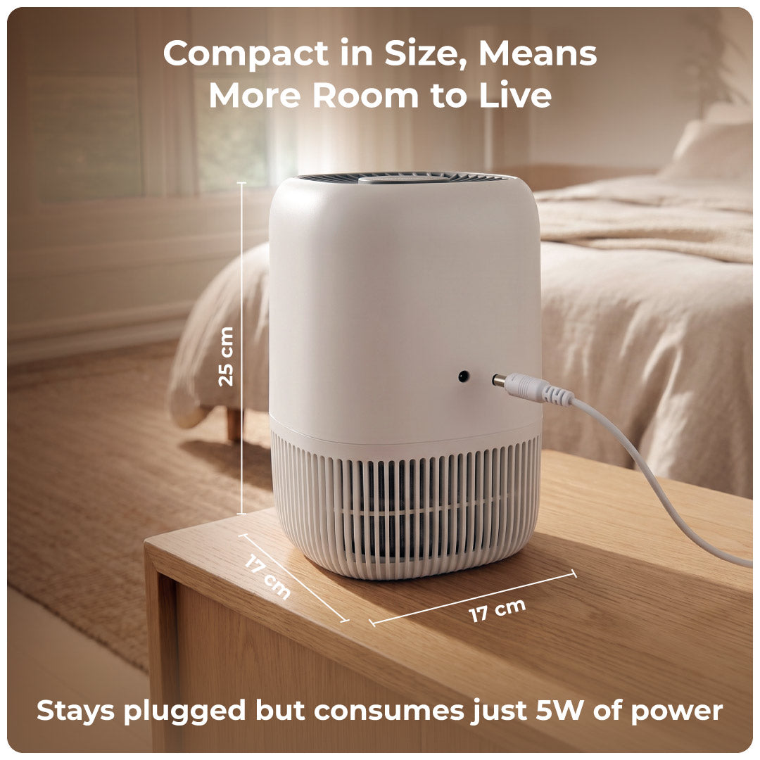 XECH Atmos white air purifier dimensions of 17 by 17 by 25 cm with plug-in power cable