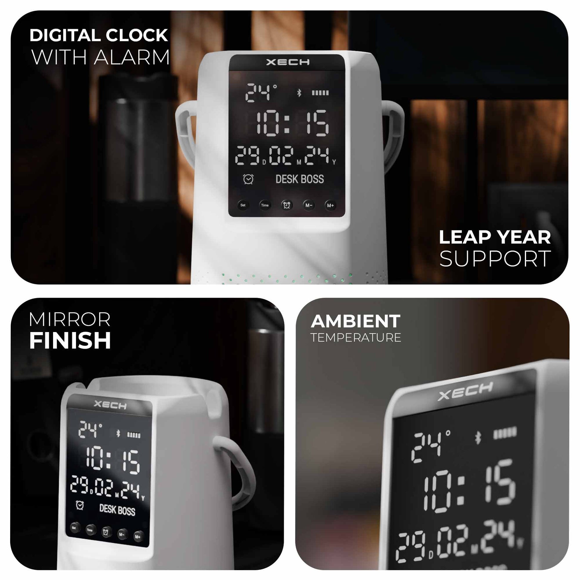 XECH Deskboss digital alarm clock with temperature sensor and mirror finish clock face