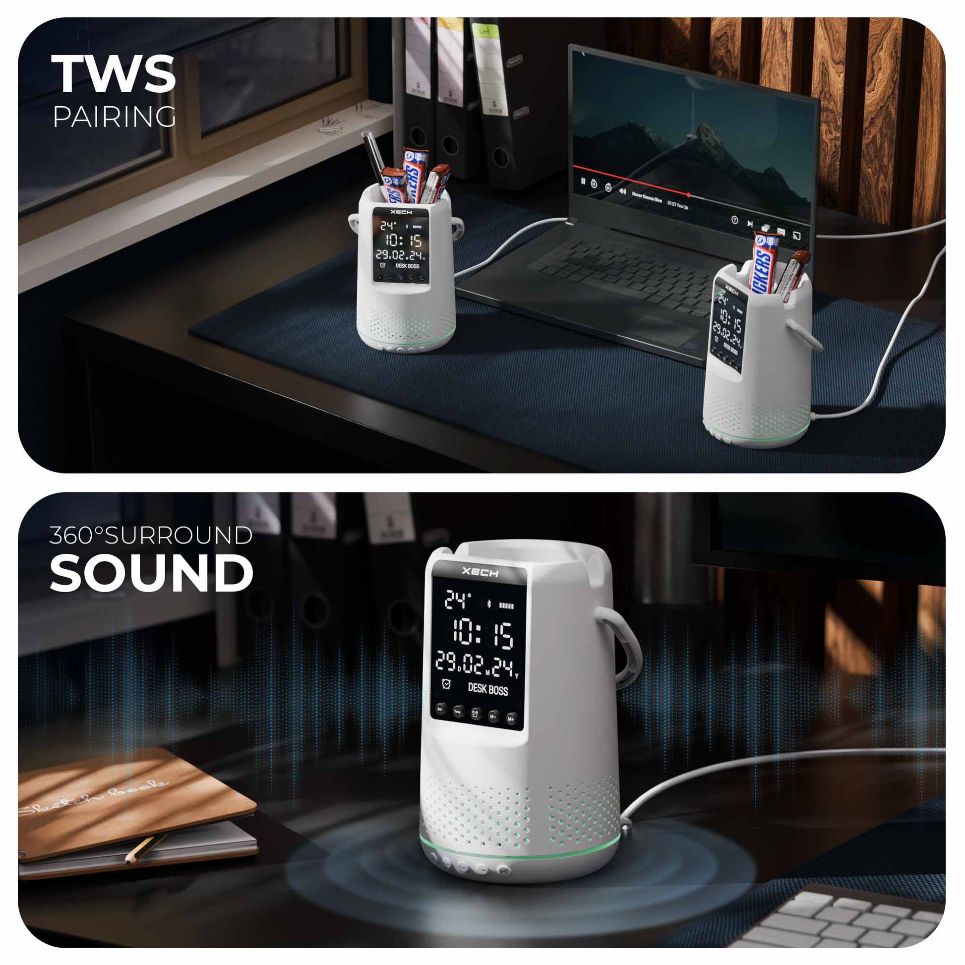 XECH deskboss bluetooth Speaker with clock TWS pairing