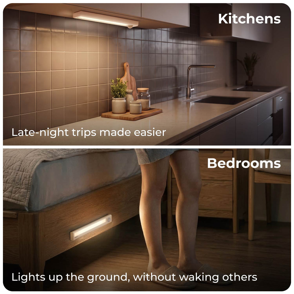 XECH motion sensor light under-cabinet sensor light used in a kitchen and beside a bed