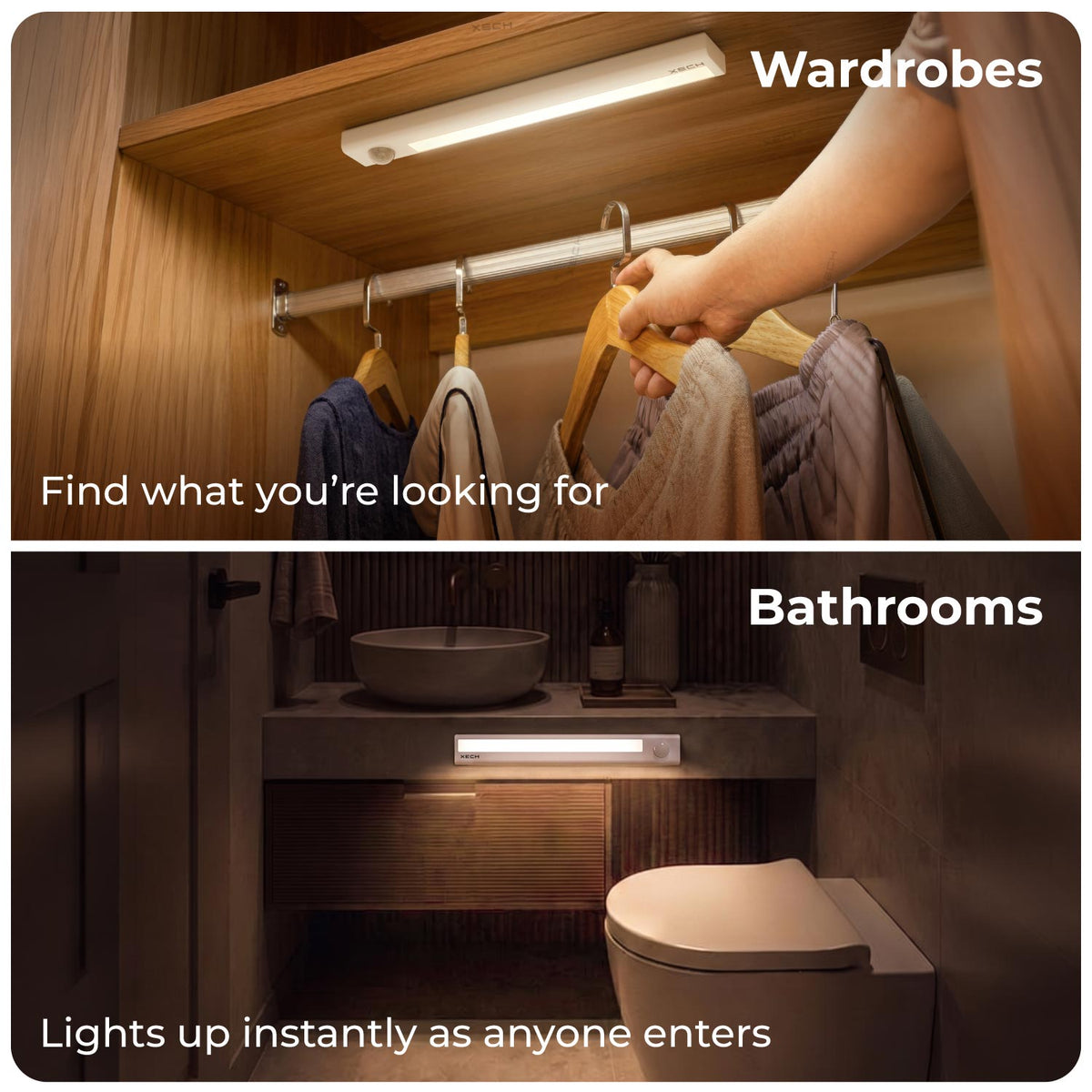XECH SENSY motion sensor light illuminating the inside of a wooden wardrobe