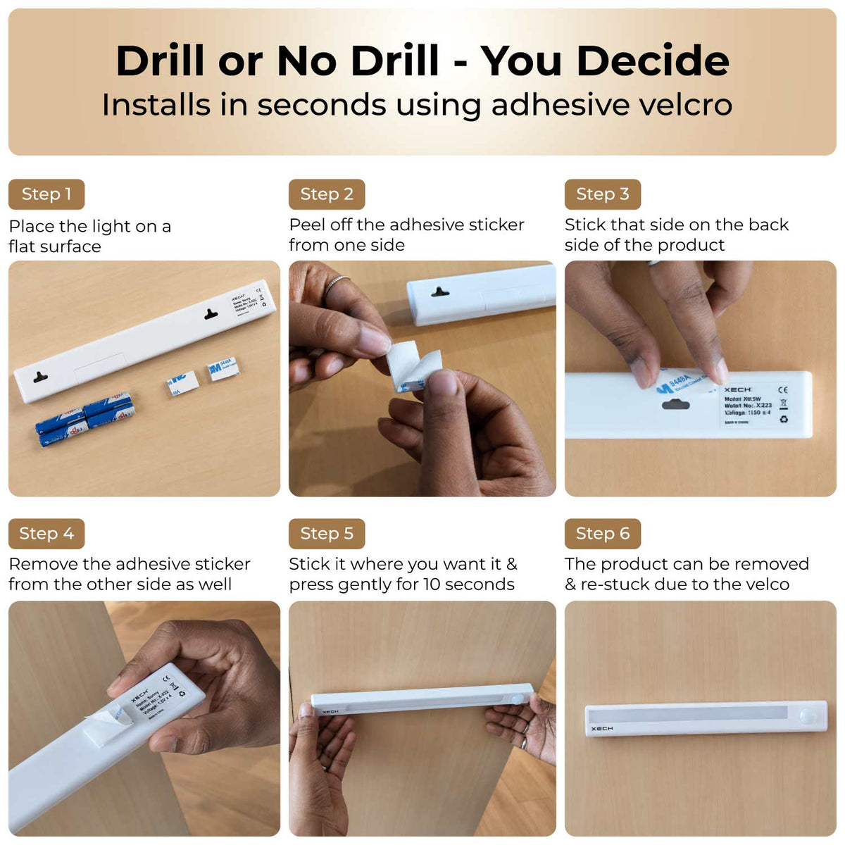 Six-step adhesive Velcro installation guide for XECH SENSY sensor light