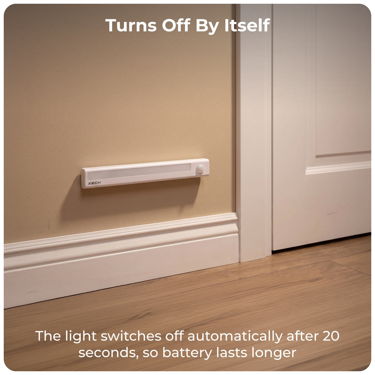 XECH SENSY automatic night light mounted near a doorway with auto-off feature
