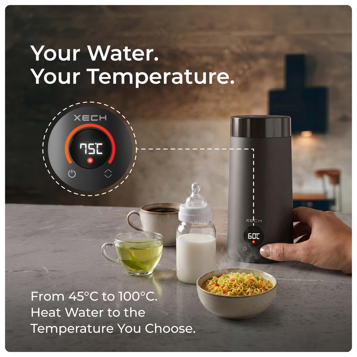 Portable electric kettle with 45°C–100°C temperature control for tea, coffee and hot water