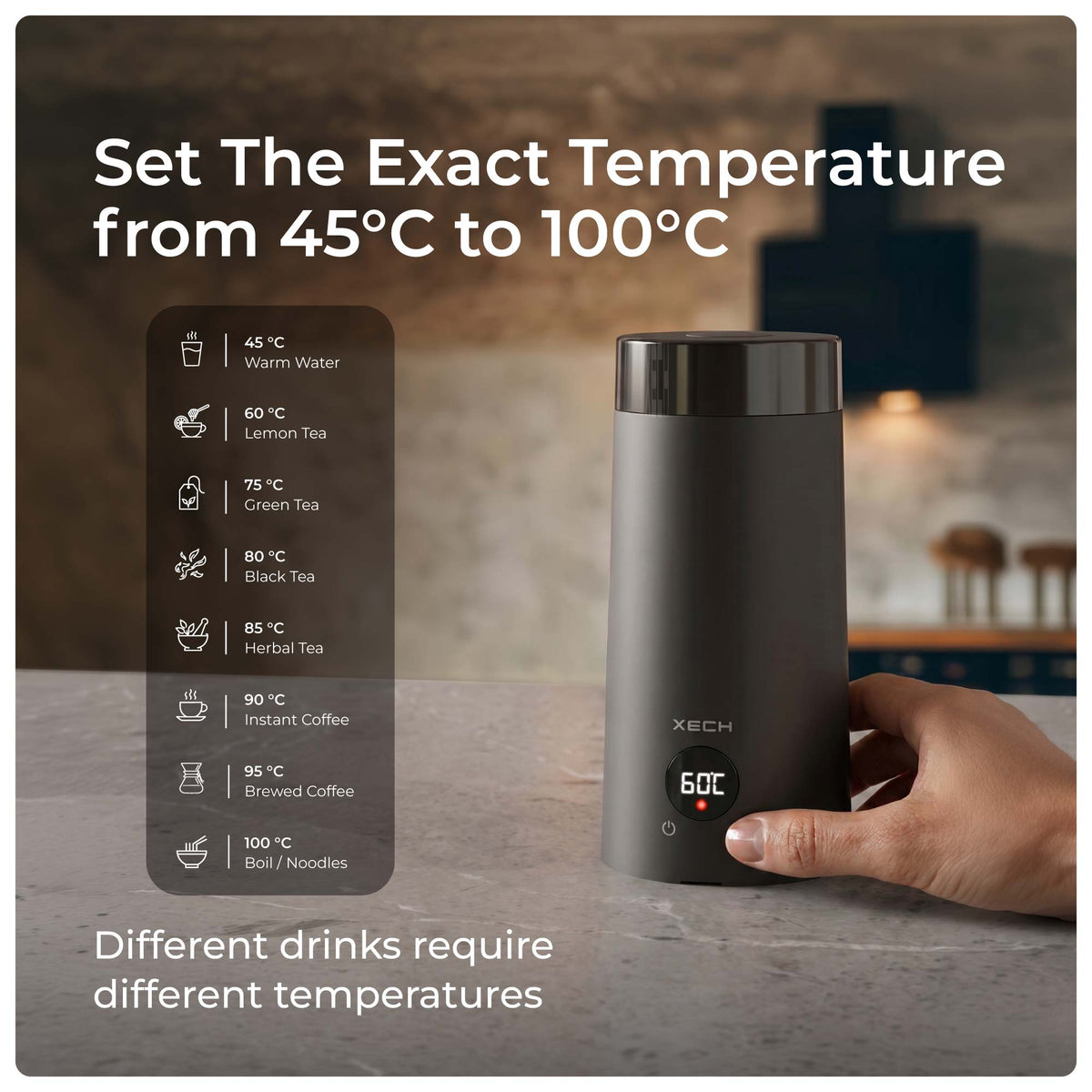 XECH travel kettle with 45°C–100°C temperature settings in 5°C steps and digital display