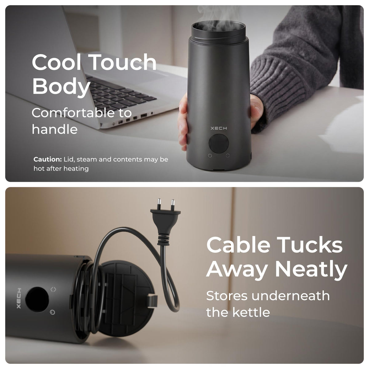 XECH compact travel kettle with cool-touch body and concealed power cord stored in the base