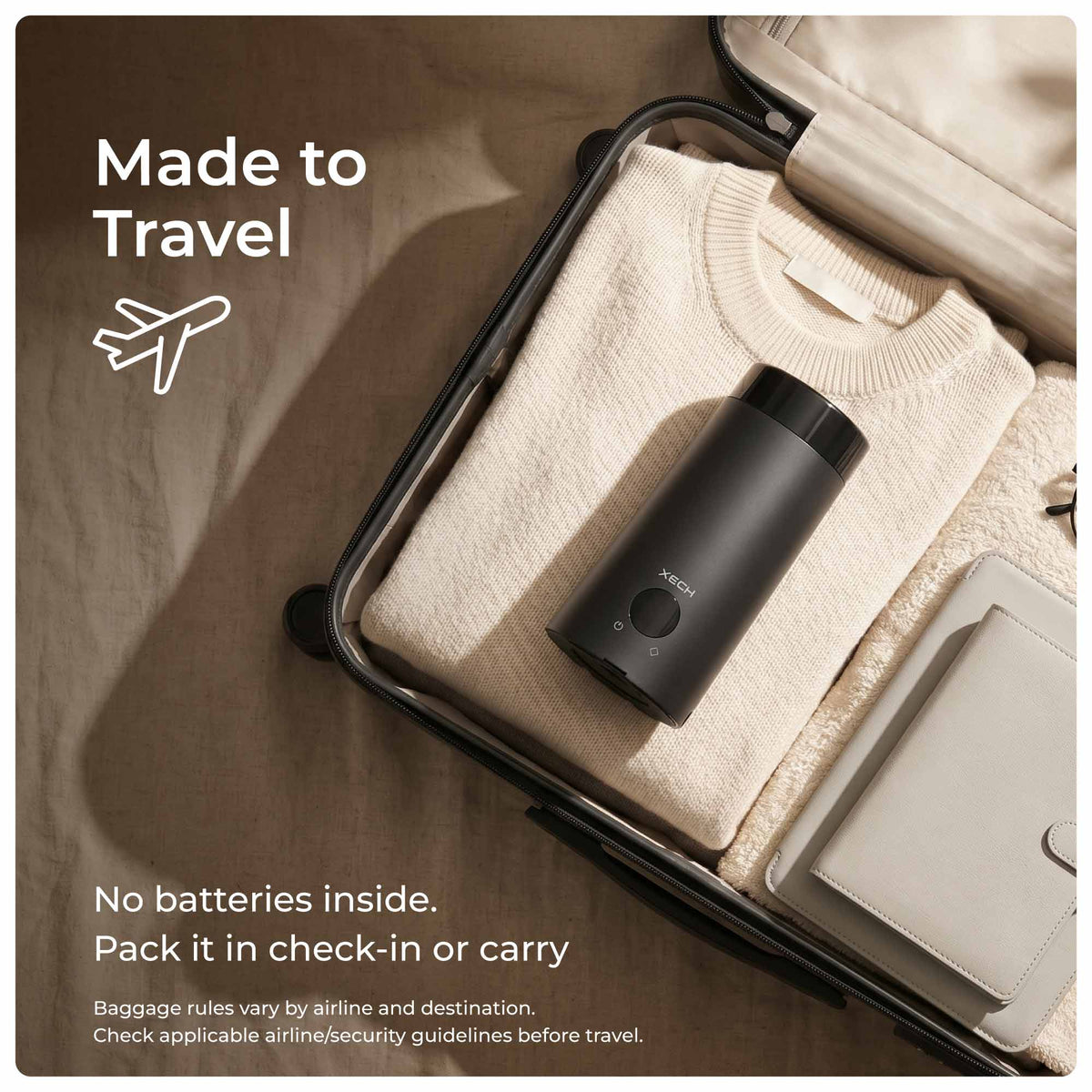 Battery-free portable electric kettle packed for travel, work trips, hotels and holidays