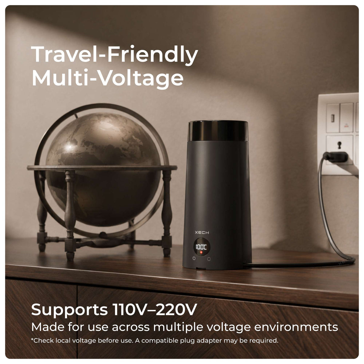 Multi-voltage travel electric kettle supporting 110V–220V for domestic and international travel