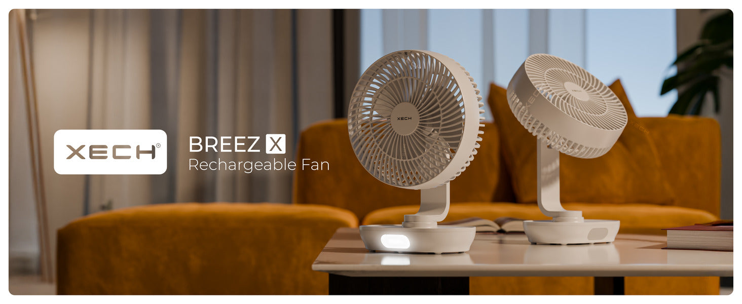 Rechargeable table fan with LED night light, head tilt adjustment, and oscillation for home, office