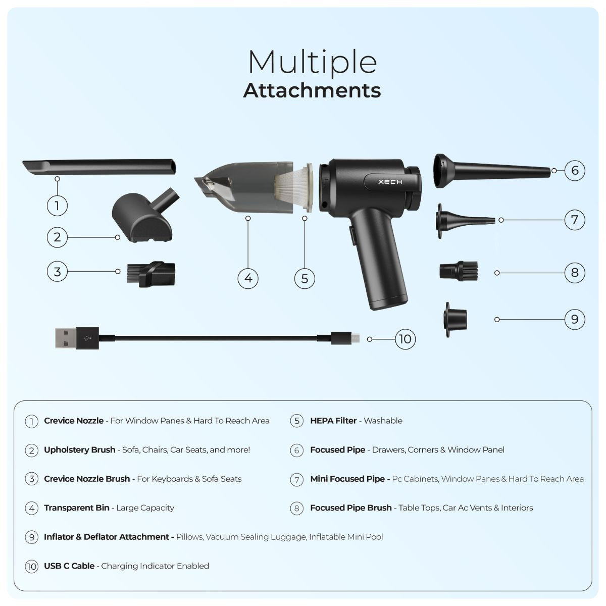 mini vacuum cleaner with rechargeable battery and multiple attachments xech vgun pro