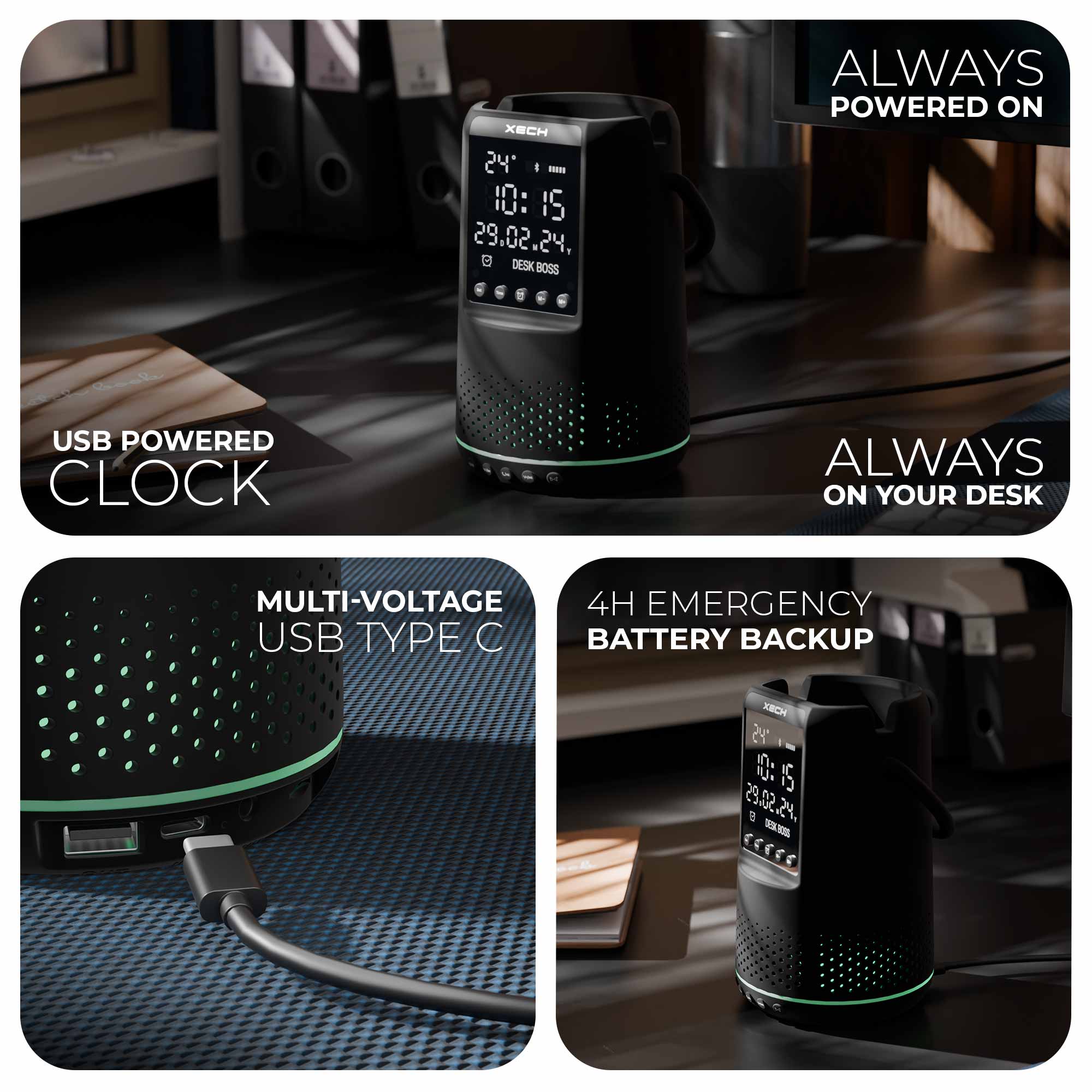 Dex Tech Clock Digital Clock with Speaker | Deskboss Dark Edition – XECH